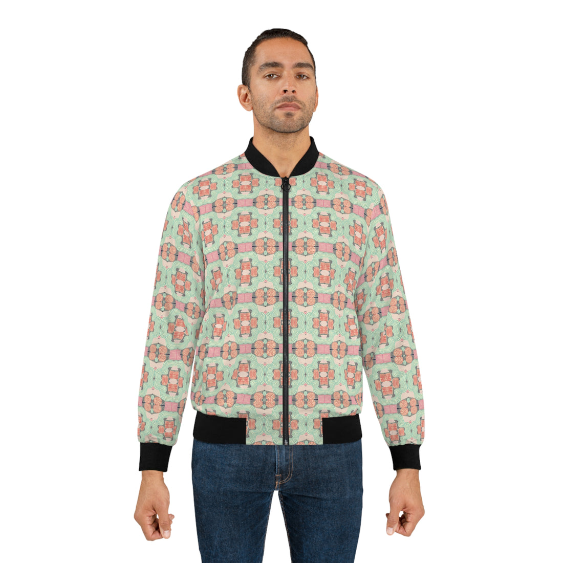 Cream Geometric Print Men's Bomber Jacket