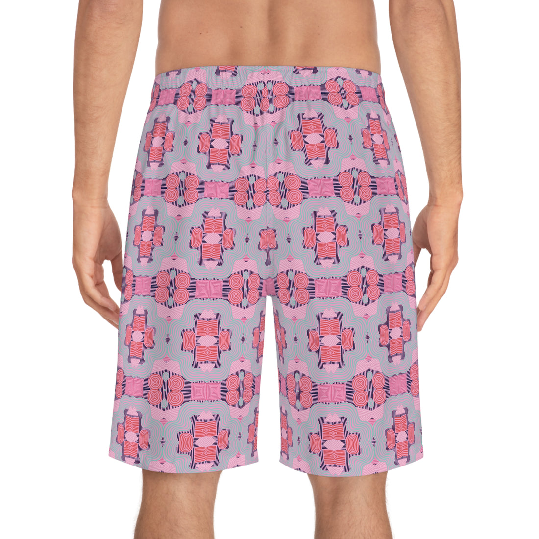 Muted Pink Geometric Print Men's Board Shorts (AOP)