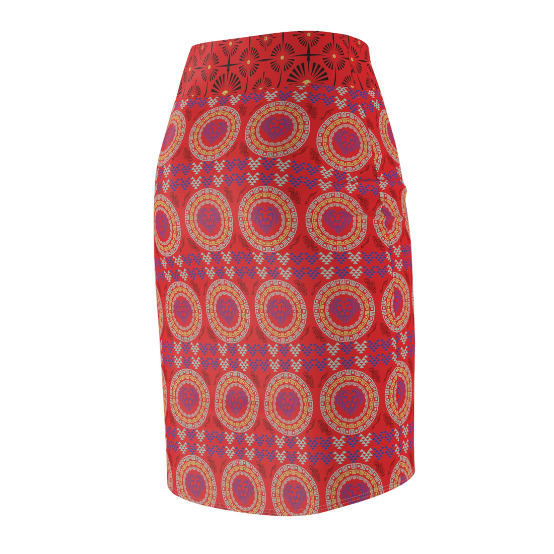 Red Geo Lion Head Pencil Skirt