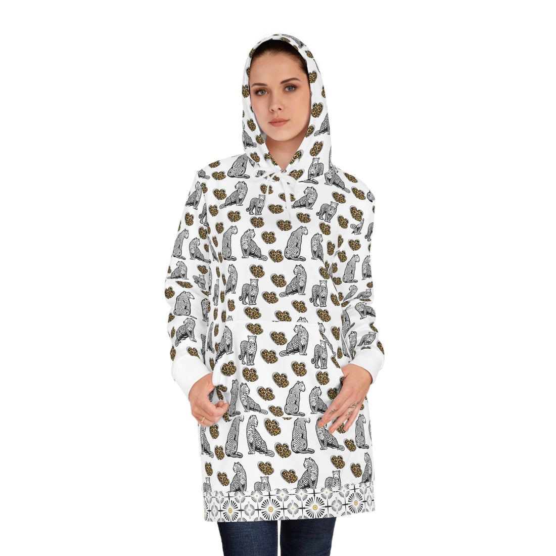 White Cheetah Hearts Hoodie Dress (AOP)