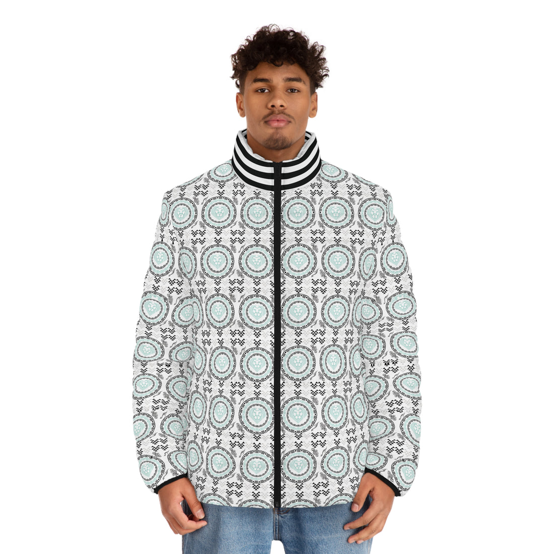 White Geo Lion Head Men's Puffer Jacket