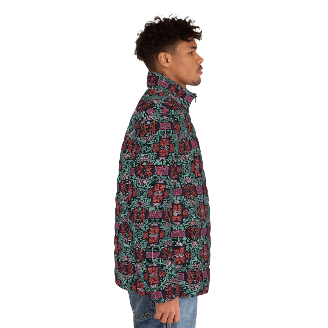 Black Men's Geometric Print Puffer Jacket