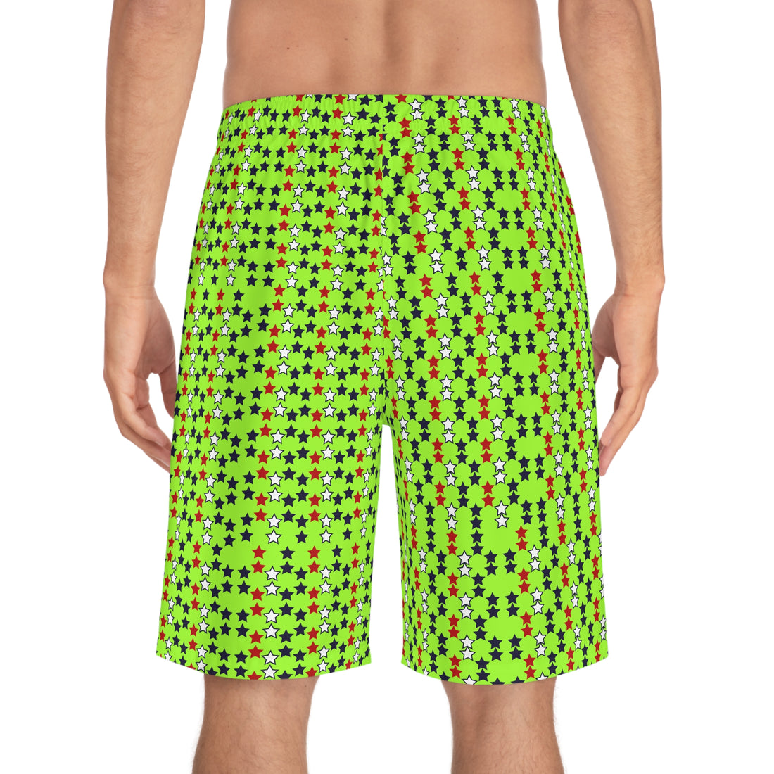 Lime Green Star Print Men's Board Shorts (AOP)