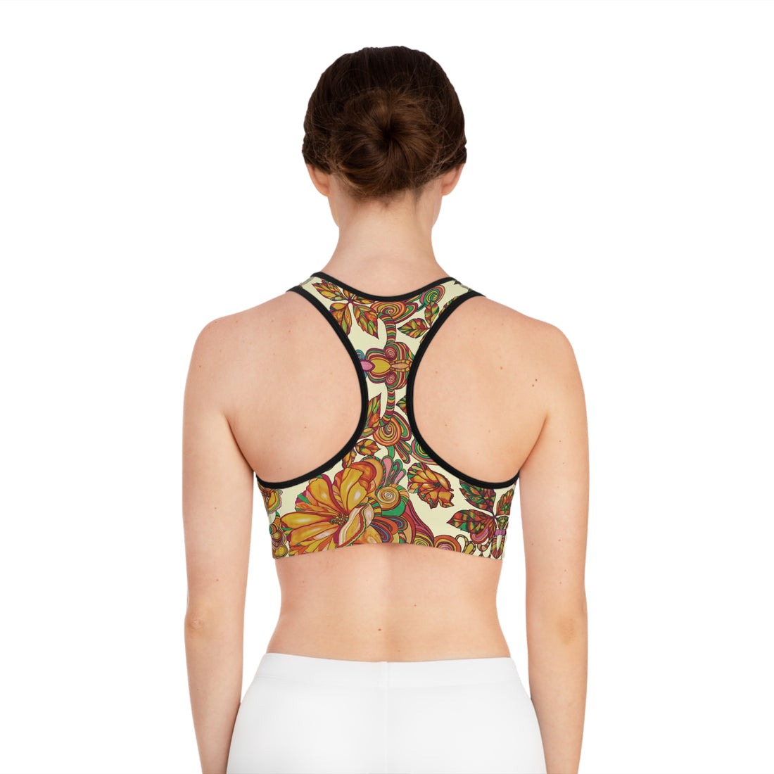 Cream Artsy Floral Racer Back (AOP) Sports Bra