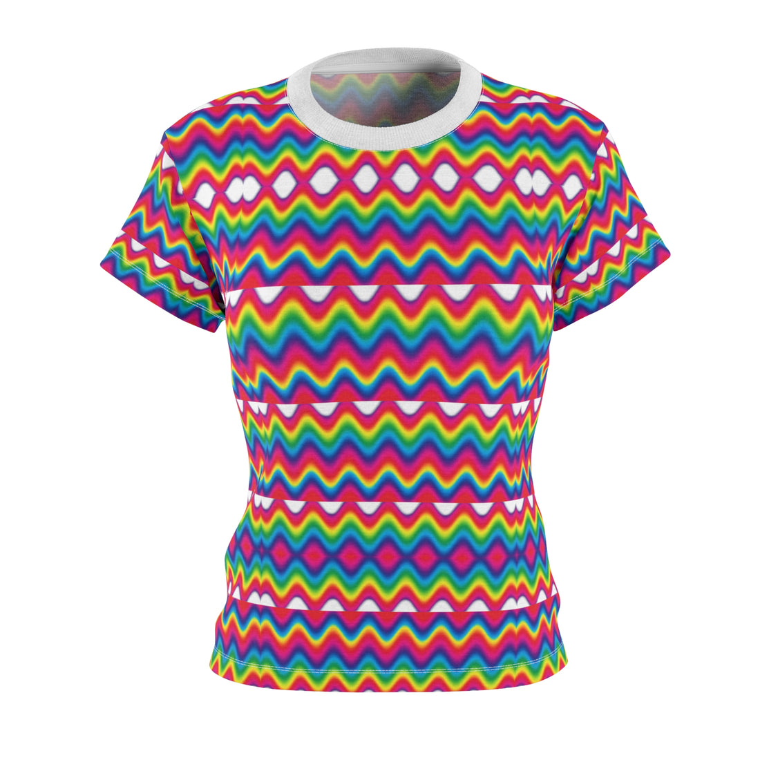 white multi colour scallop print pschedelic women's cap sleeves t-shirt