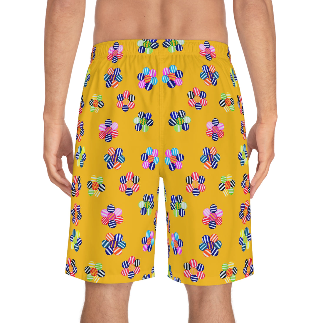 yellow geometric floral board shorts for men with elastic waistband