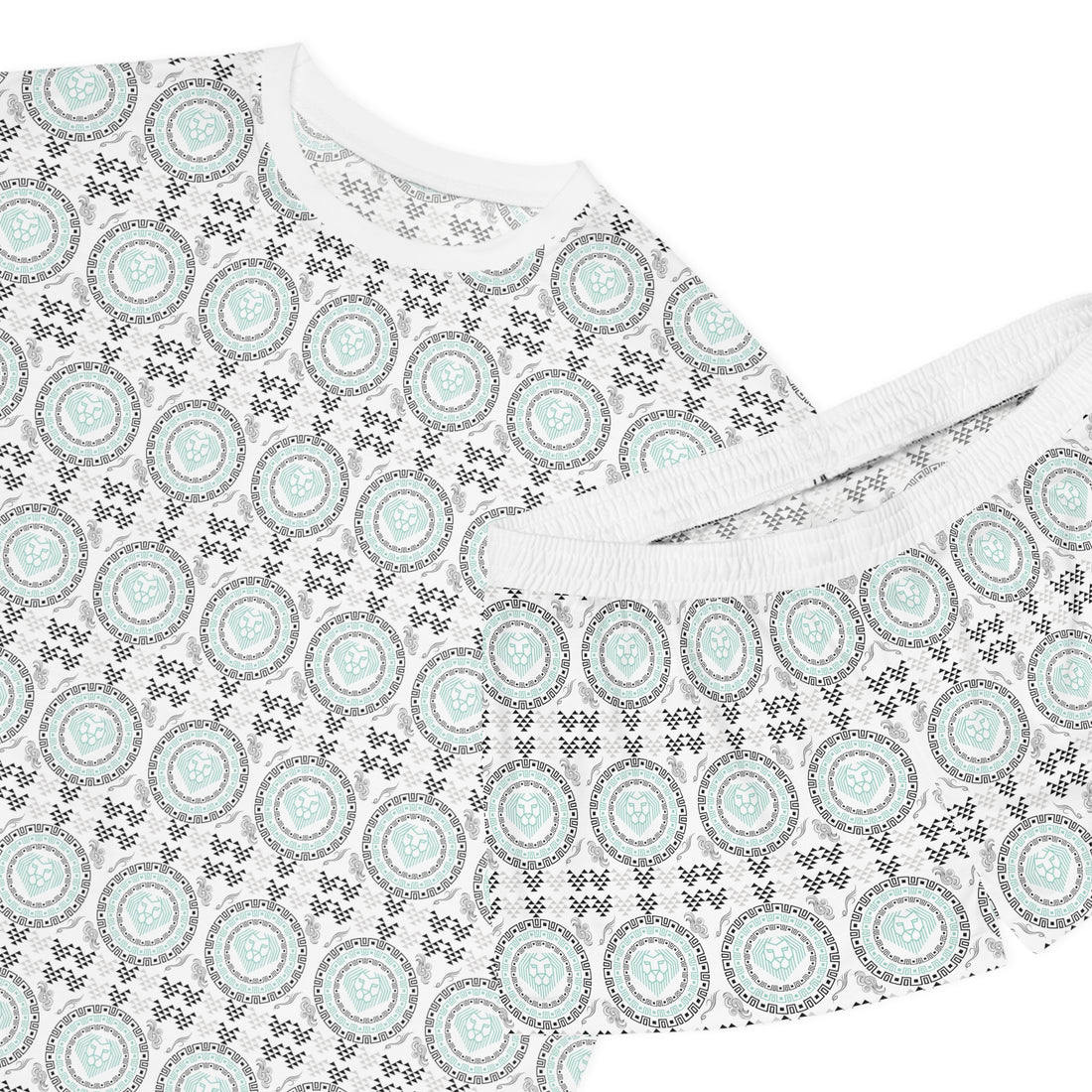 White Geo Lion Head Short Pajama Set (AOP)