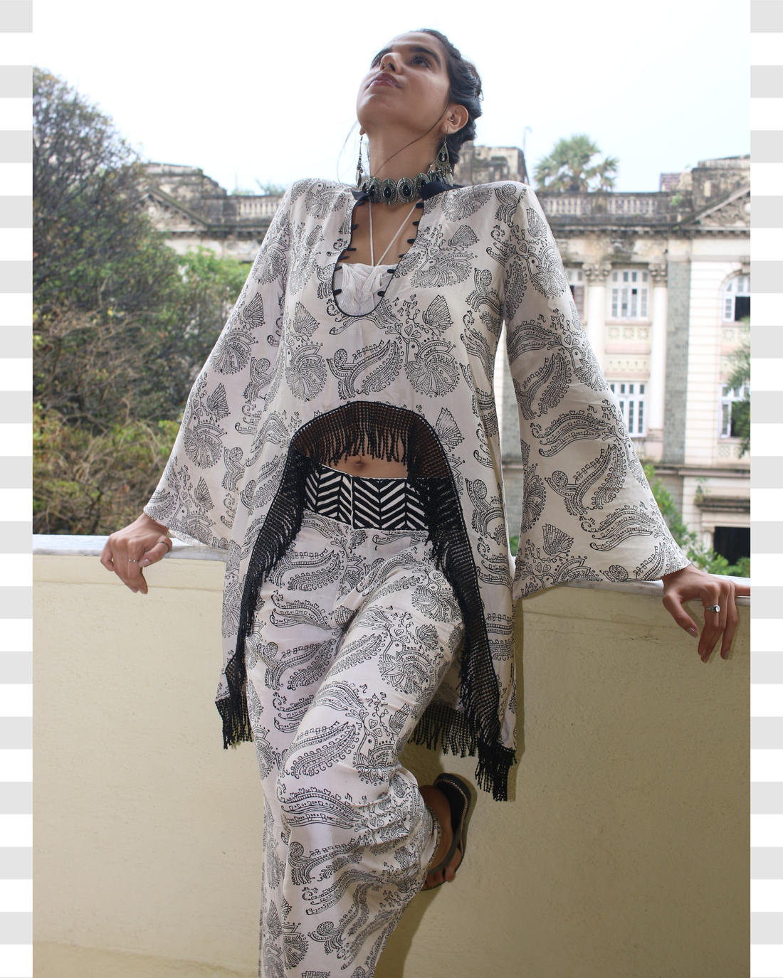 Obsidian Monochrome 3pc. Chirping Birds Naturally Block printed Co-ord set