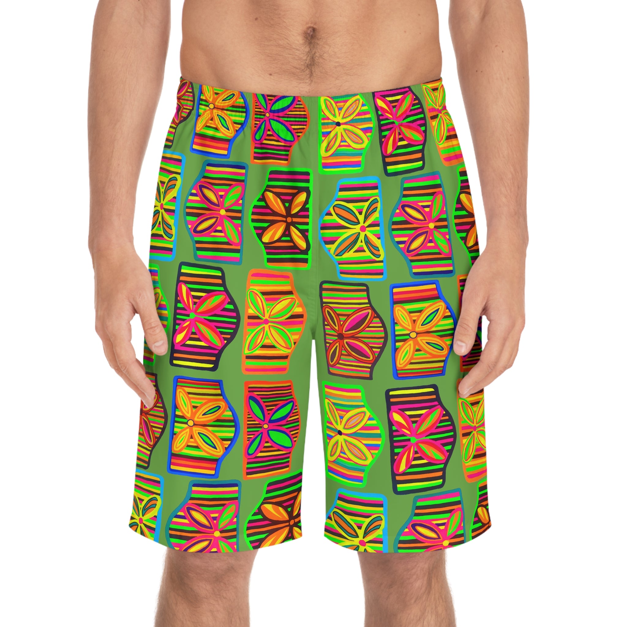 Olive Deco Print Men's Board Shorts (AOP)