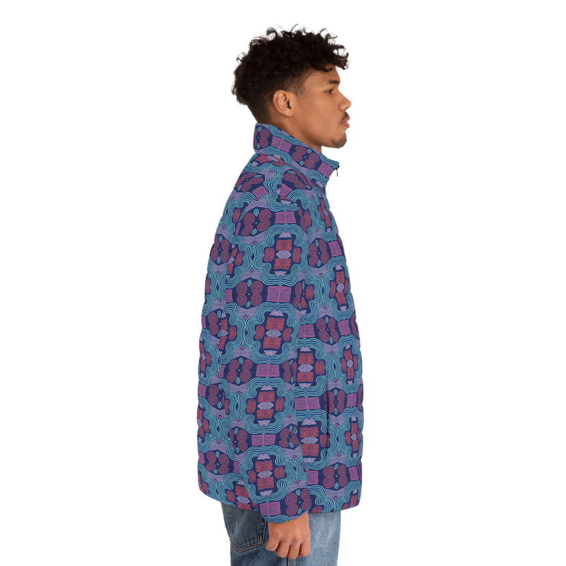 Blue Men's Geometric Print Puffer Jacket