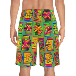 olive art deco print men's board basketball shorts