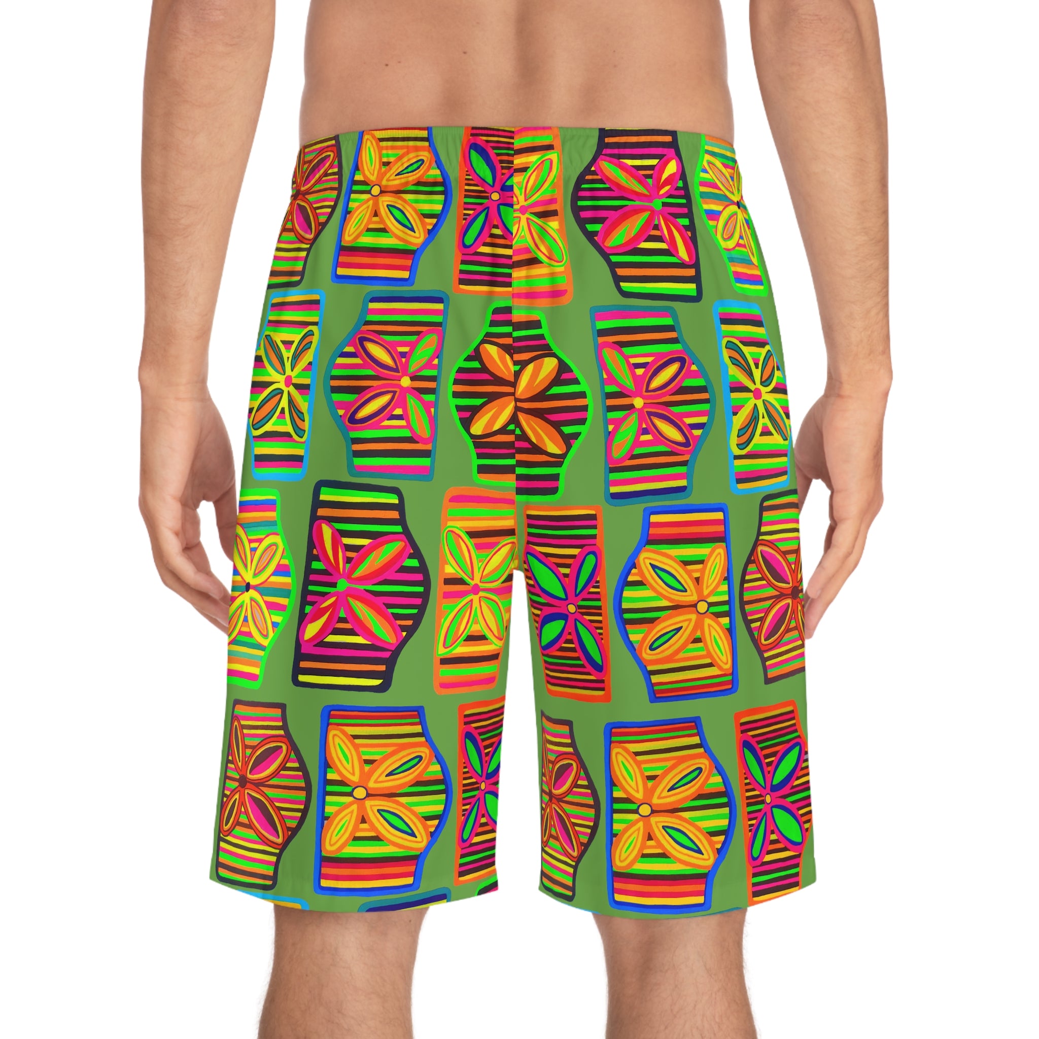 Olive Deco Print Men's Board Shorts (AOP)