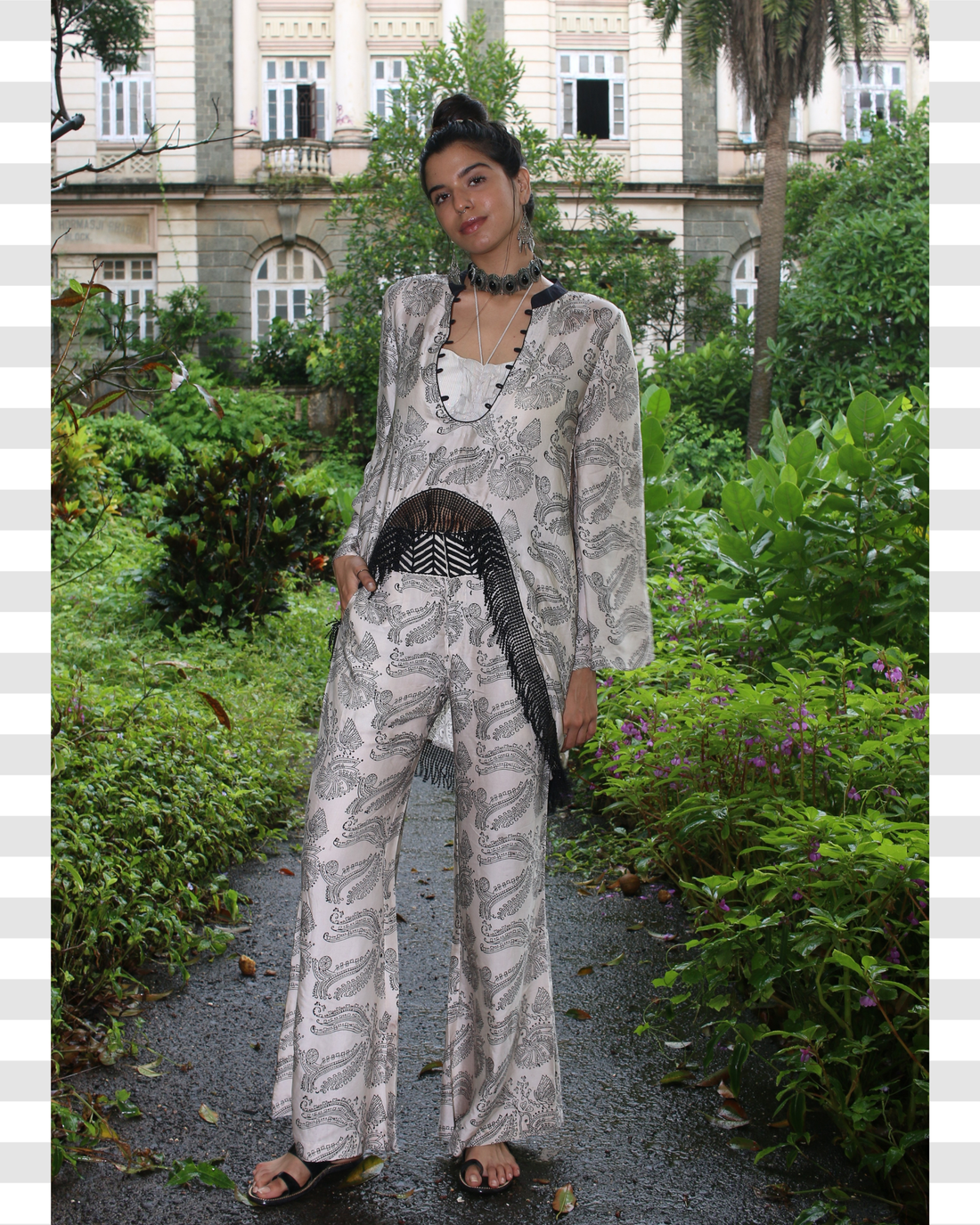 Obsidian Monochrome 3pc. Chirping Birds Naturally Block printed Co-ord set