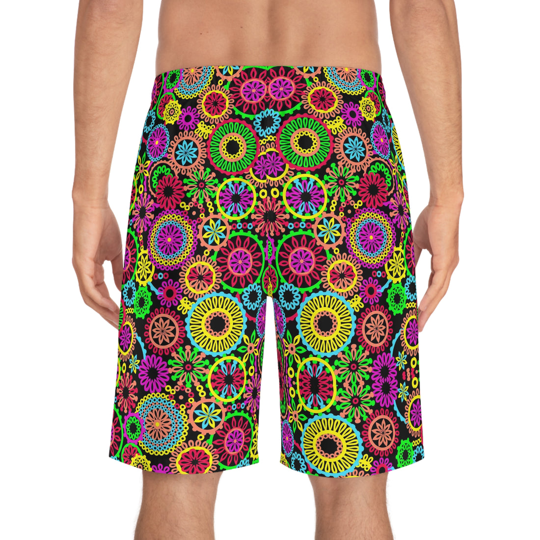 black multicolour psychedelic geometric circles print board shorts for men