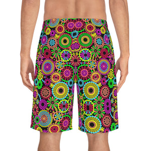 black multicolour psychedelic geometric circles print board shorts for men