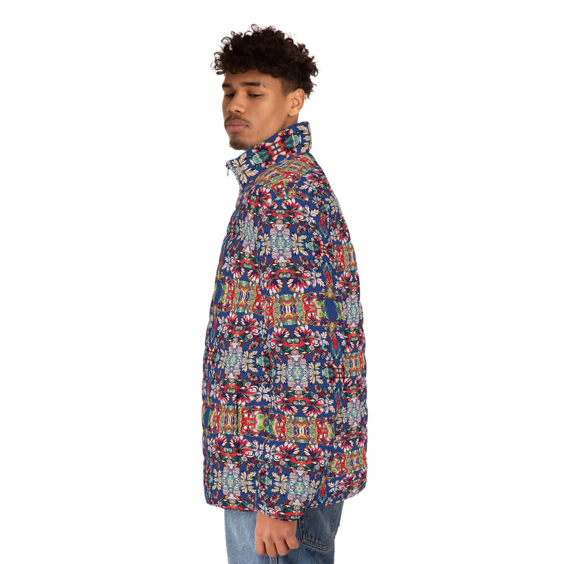 Blue Artsy Floral Pop Men's Puffer Jacket