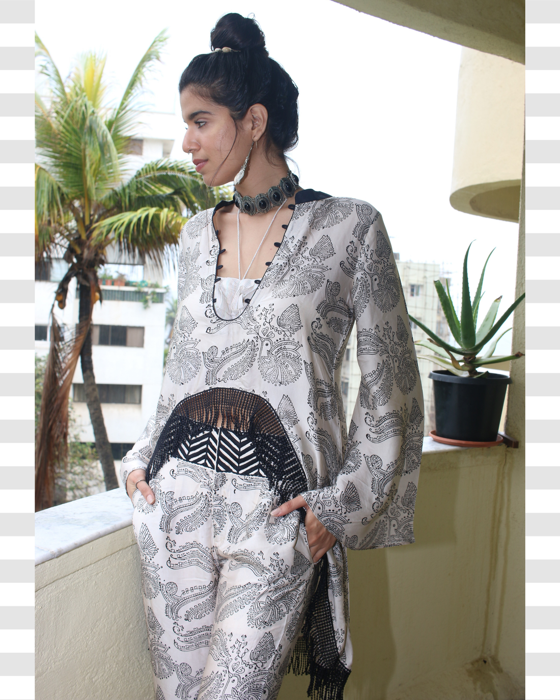 Obsidian Monochrome 3pc. Chirping Birds Naturally Block printed Co-ord set