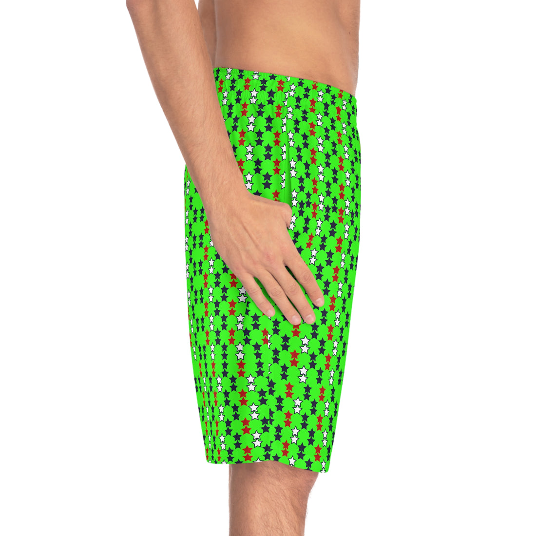 Neon Green Star Print Men's Board Shorts (AOP)