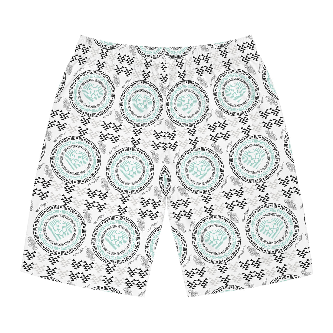 White Geo Lion Head Men's Board Shorts (AOP)