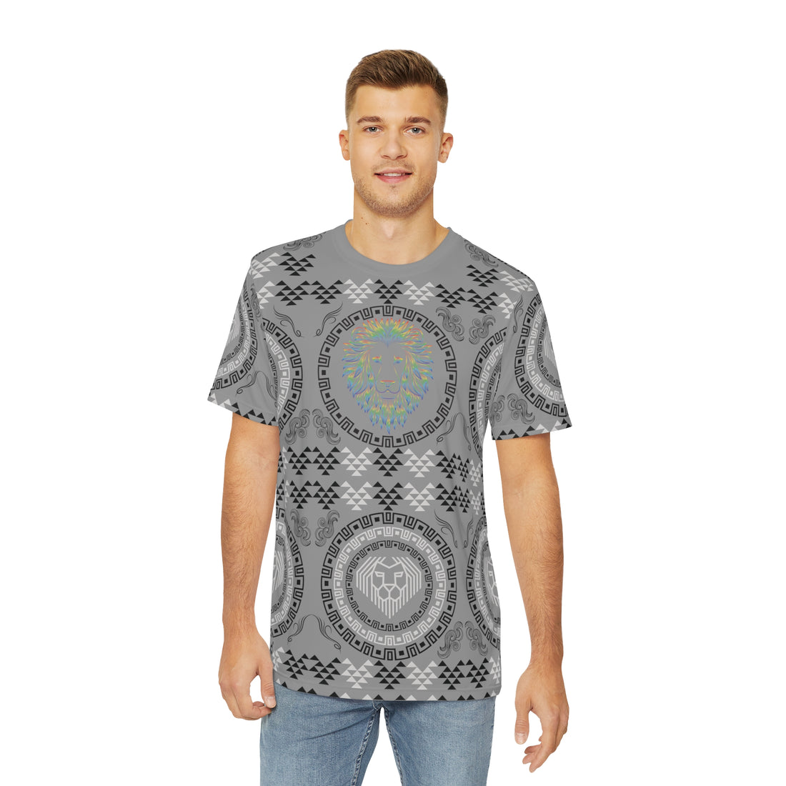 Grey Geo Lion Head Polyester Tee (AOP)