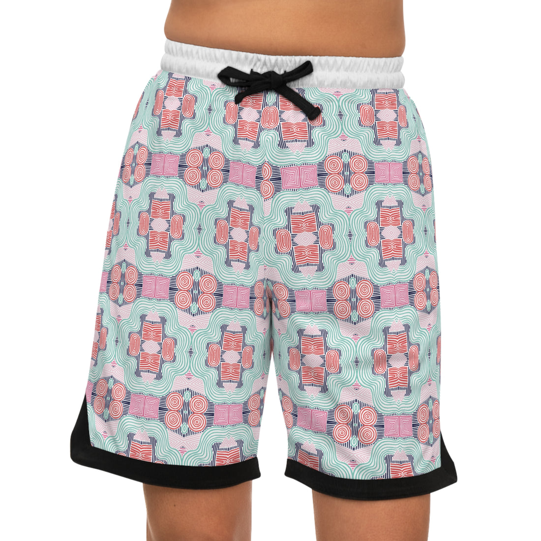 White Geometric Print Basketball Rib Shorts (AOP)