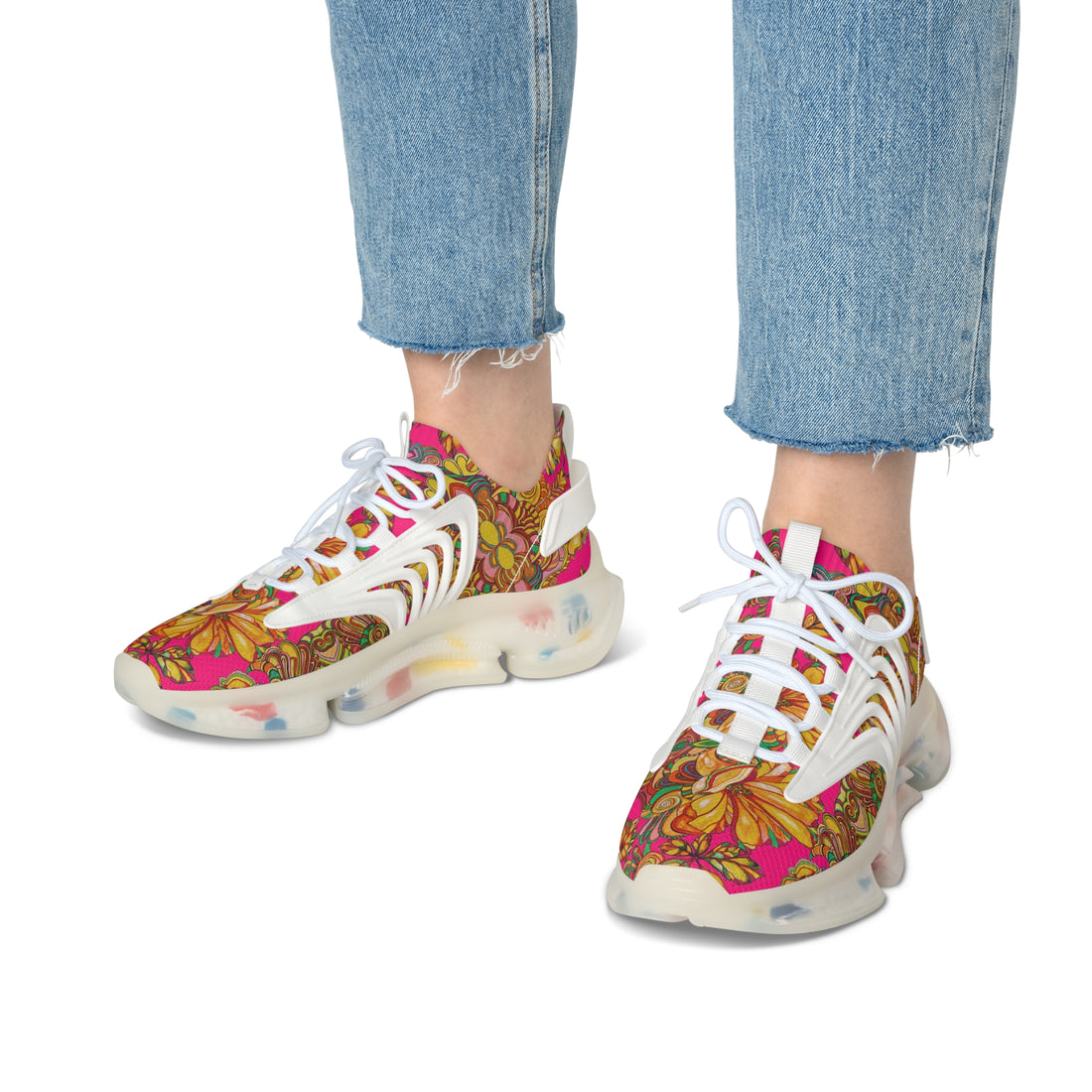 Hot Pink Artsy Floral OTT Women's Mesh Knit Sneakers