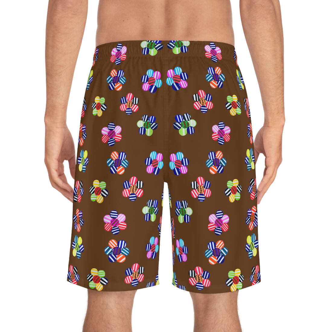 brown geometric floral board shorts for men with elastic waistband