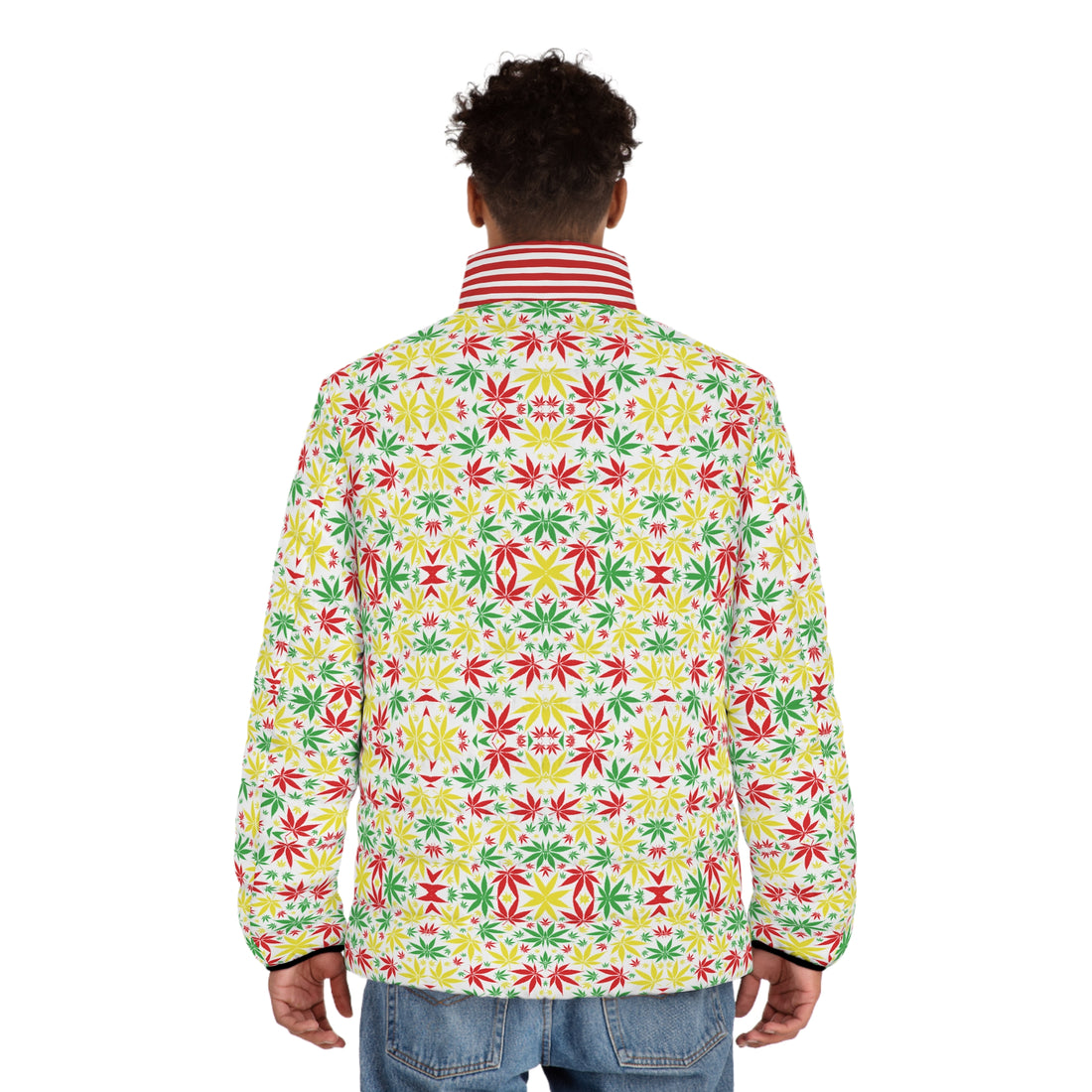 White Tropical Rasta Toned Men's Puffer Jacket