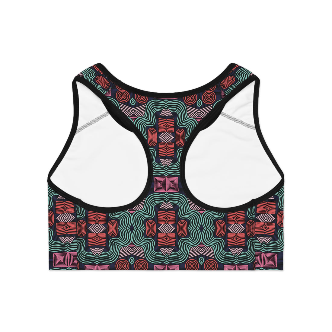 Black Geometric Print (AOP) Racerback Sports Bra