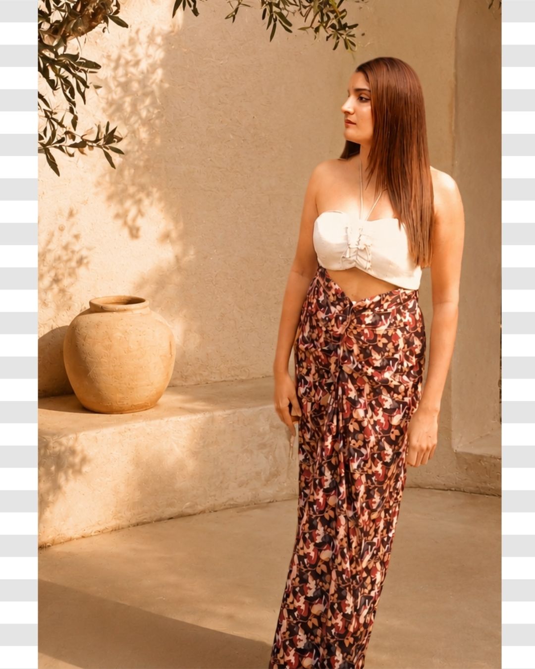 Floral Front Draped Drawstring Skirt with Slit
