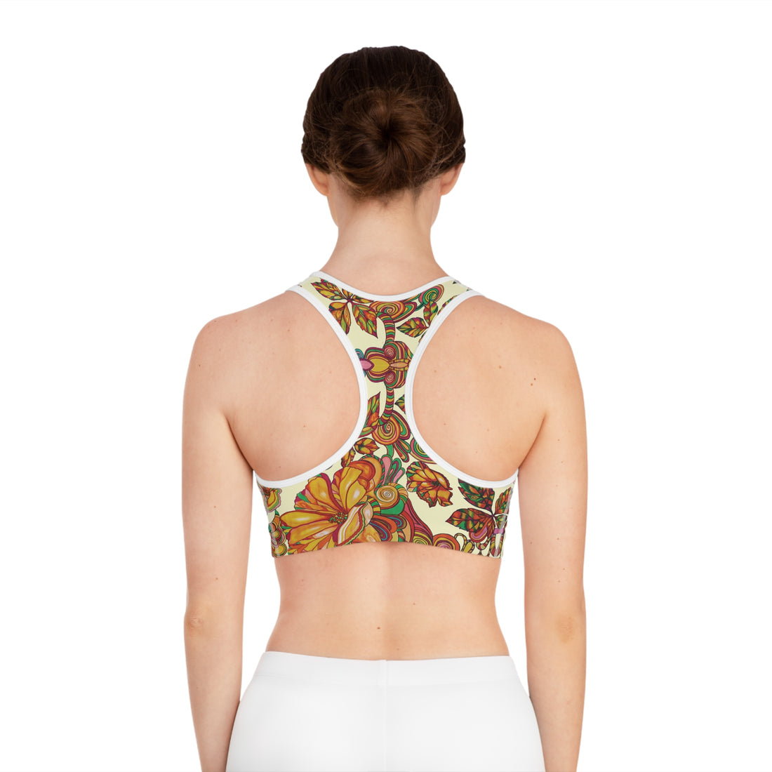 Cream Artsy Floral Racer Back (AOP) Sports Bra