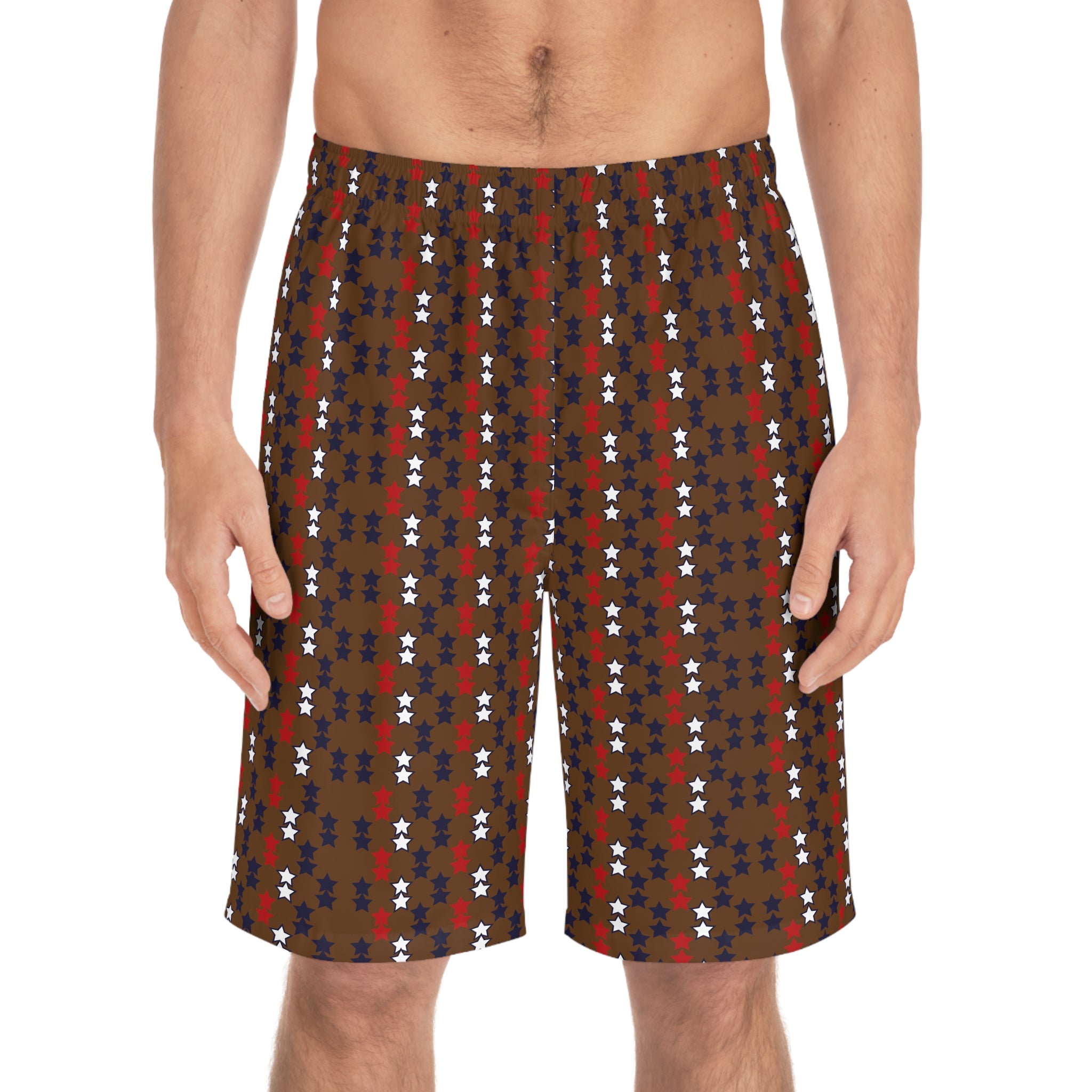 brown star print board shorts for men