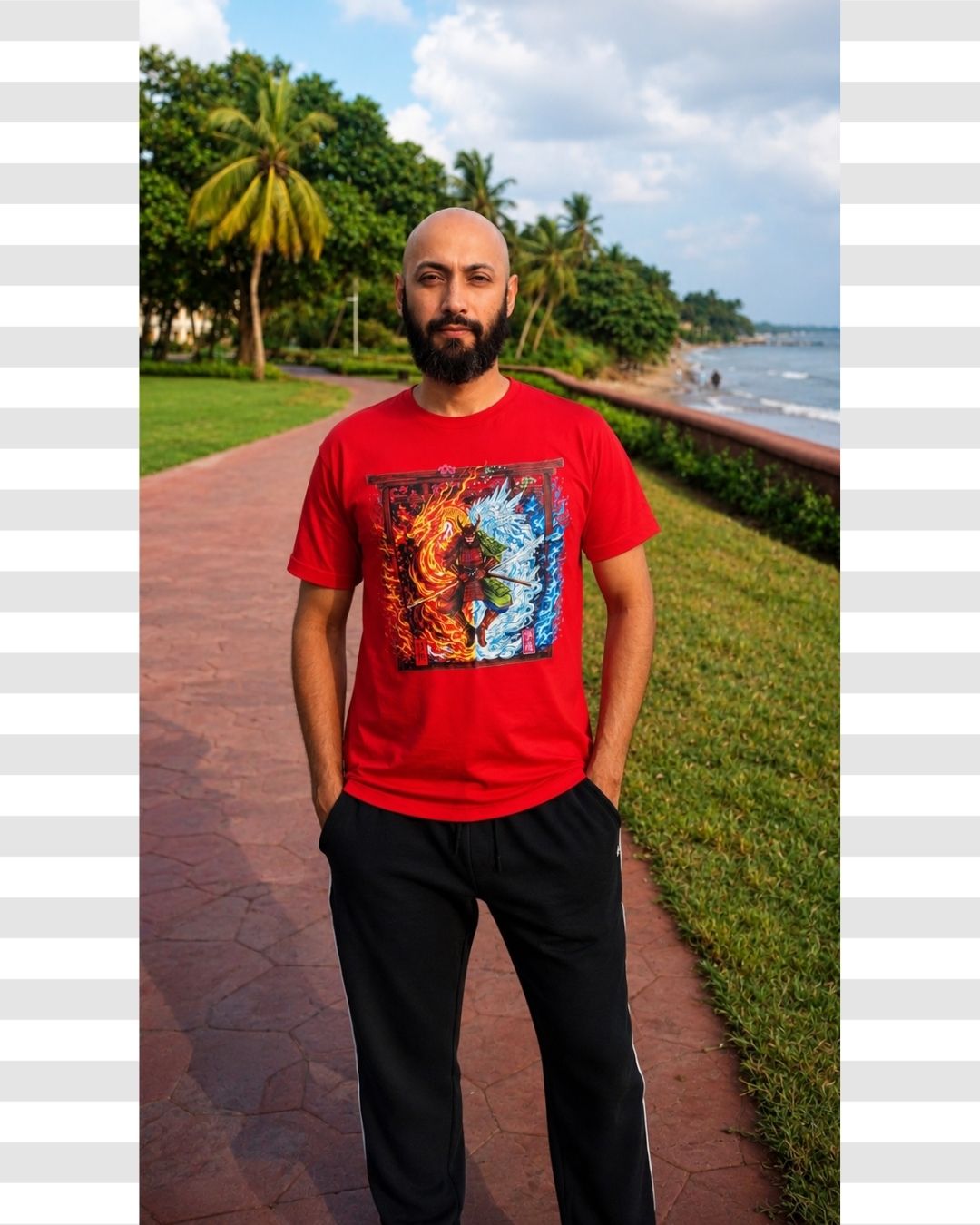 Fire & Ice Duality Streetwear Graphic Cotton Samurai Men's Tee