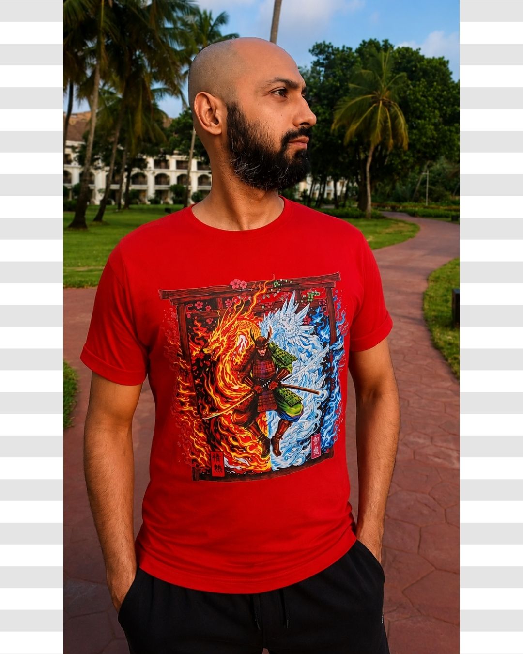 Fire & Ice Duality Streetwear Graphic Cotton Samurai Men's Tee