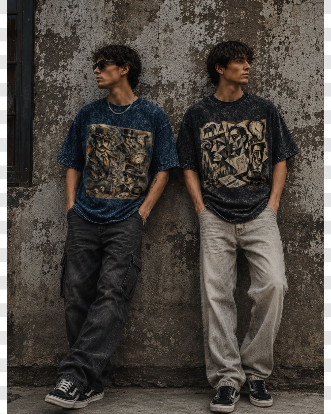 Picasso Dalí Inspired Cubist Oversized Acid Wash Men's Cotton T-shirt