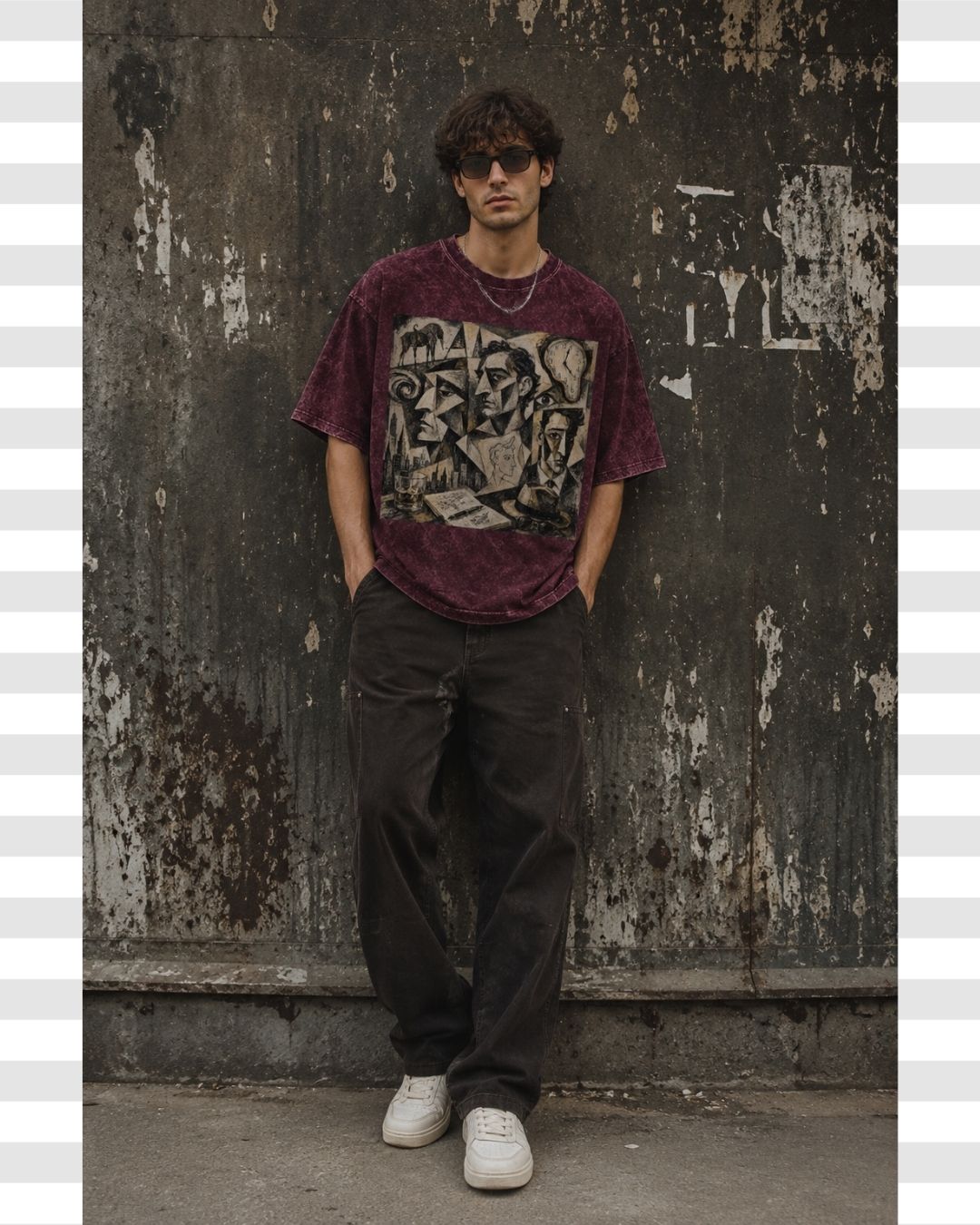 Picasso Dalí Inspired Cubist Oversized Acid Wash Men's Cotton T-shirt