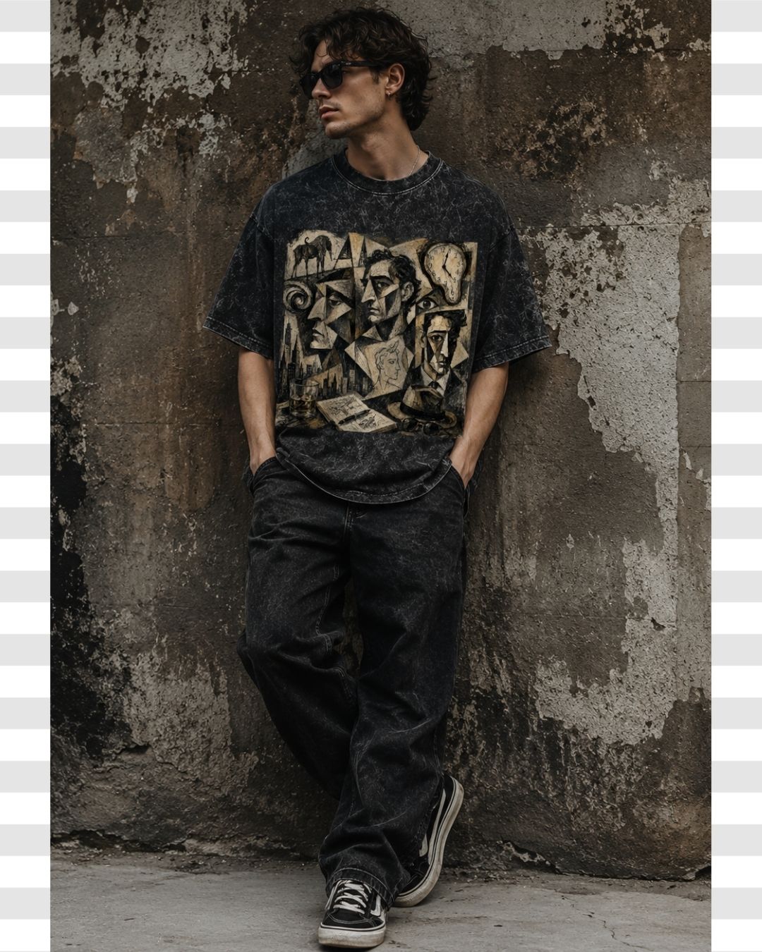 Picasso Dalí Inspired Cubist Oversized Acid Wash Men's Cotton T-shirt