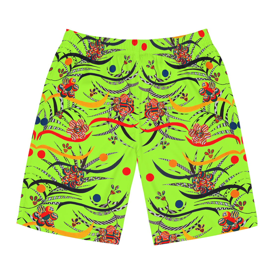 Lime Green Wilderness Print Men's Board Shorts (AOP)