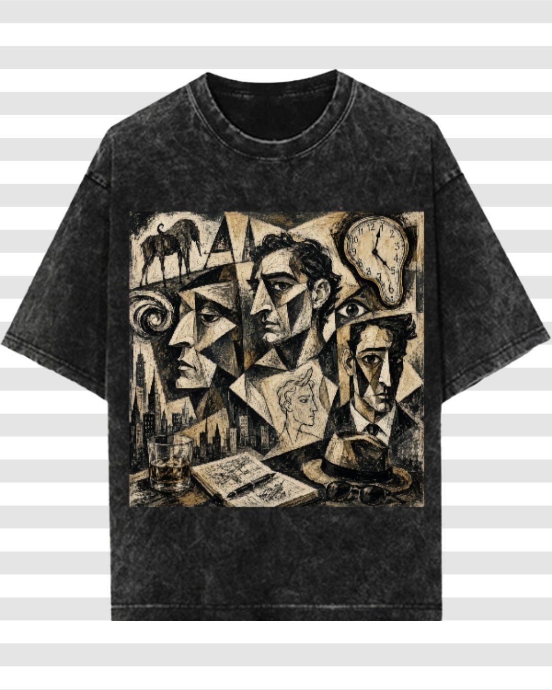 Picasso Dalí Inspired Cubist Oversized Acid Wash Men's Cotton T-shirt