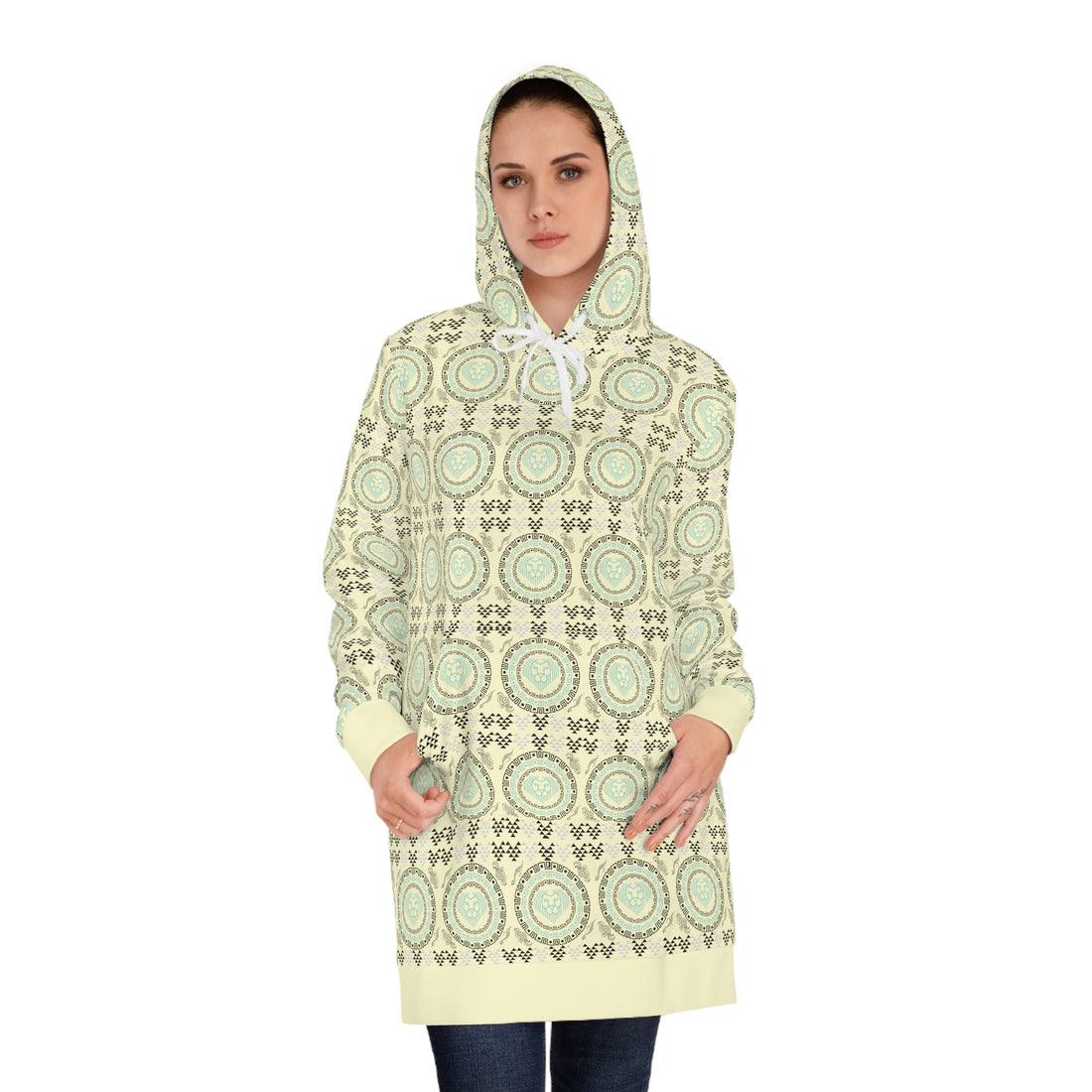 Cream Geo Lion Head Hoodie Dress (AOP)