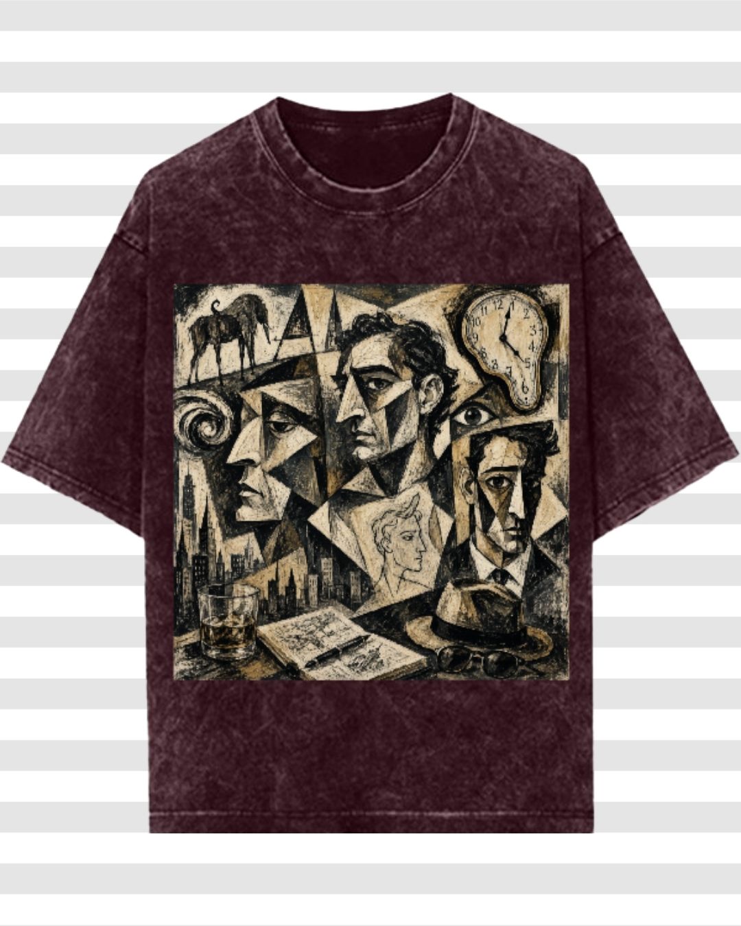 Picasso Dalí Inspired Cubist Oversized Acid Wash Men's Cotton T-shirt