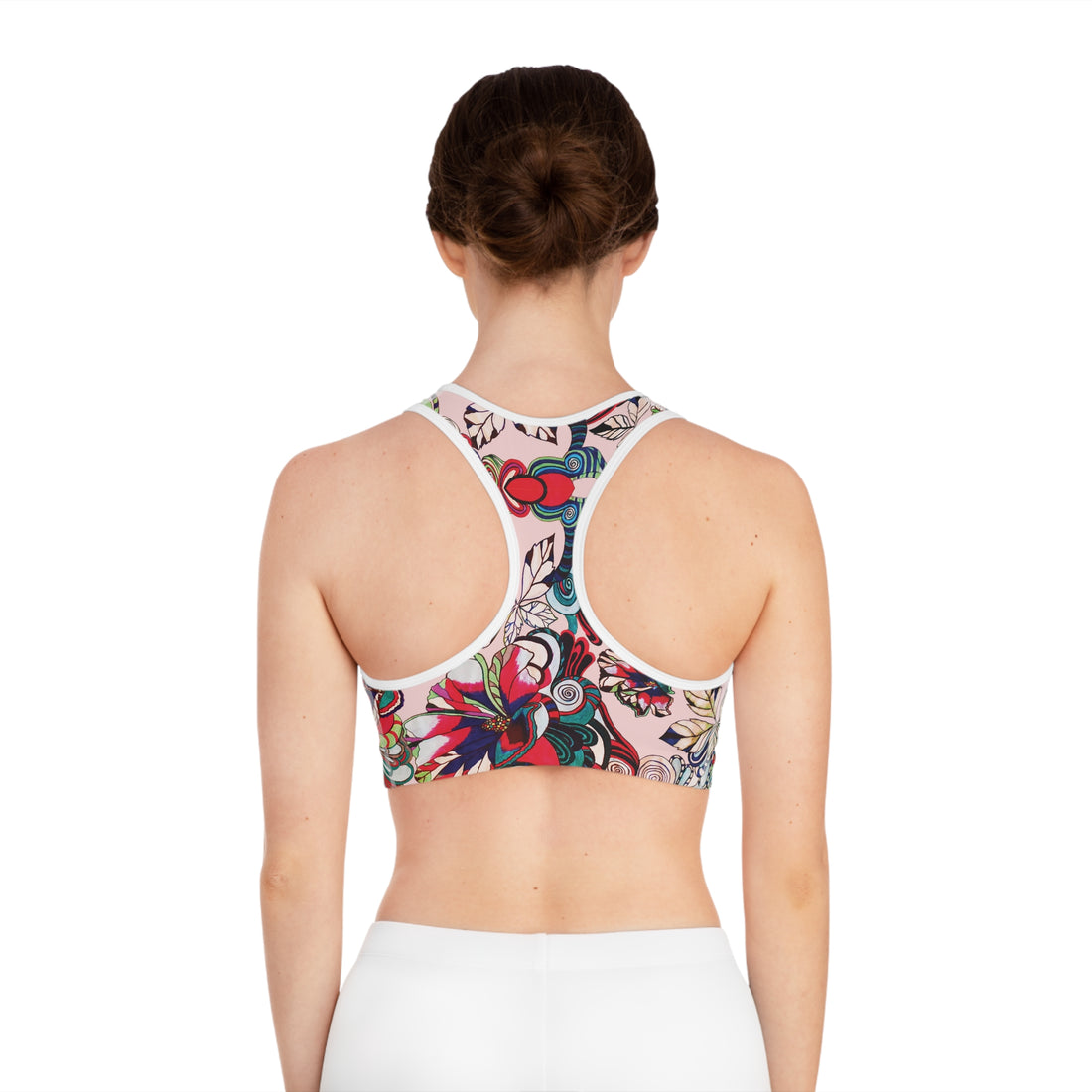 Pale Pink Graphic Floral Pop Racer Back (AOP) Sports Bra