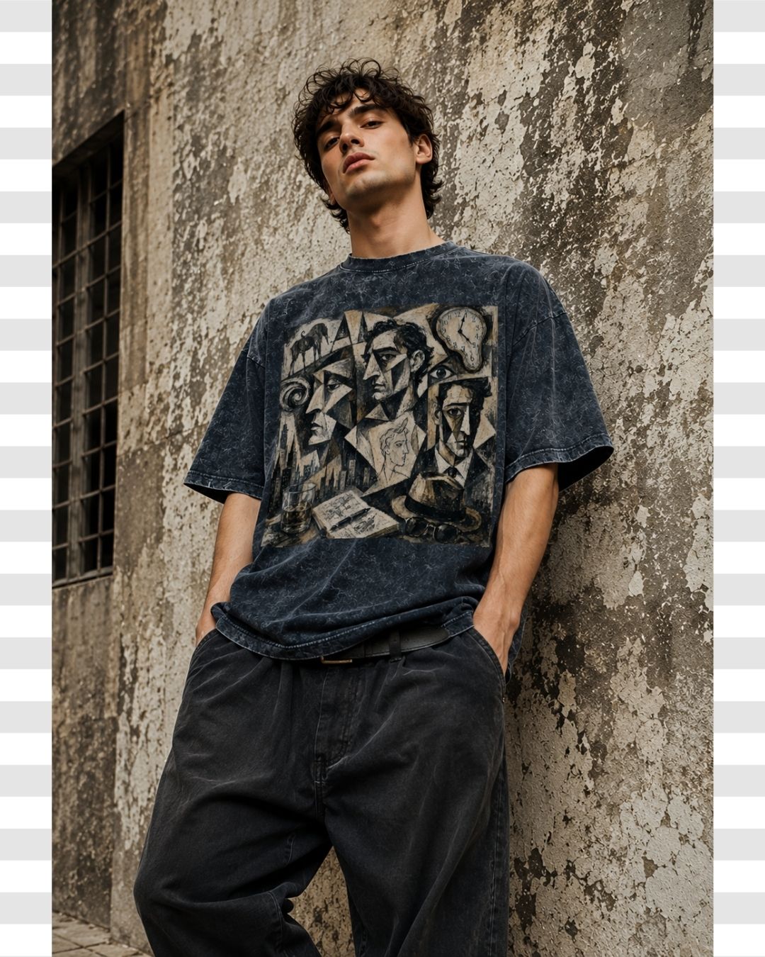 Picasso Dalí Inspired Cubist Oversized Acid Wash Men's Cotton T-shirt