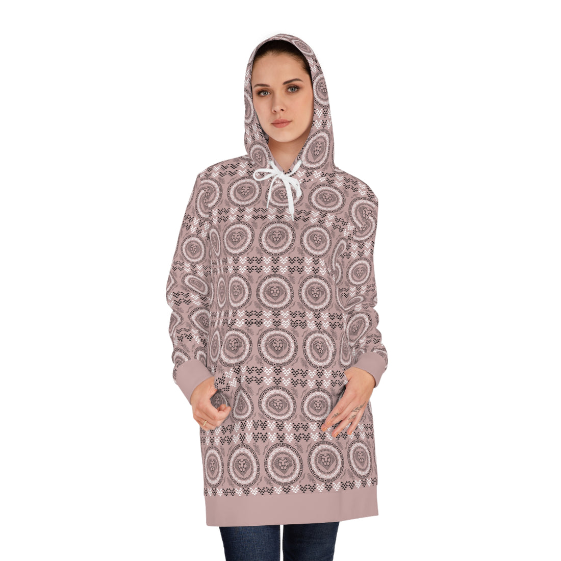 Taupe Geo Lion Head Hoodie Dress (AOP)