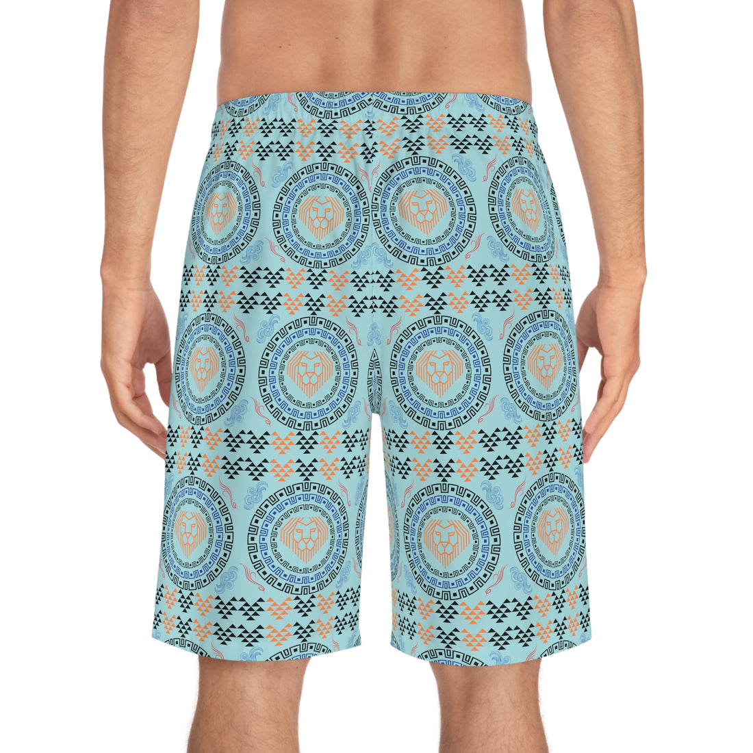 Icy Blue Geo Lion Head Men's Board Shorts (AOP)