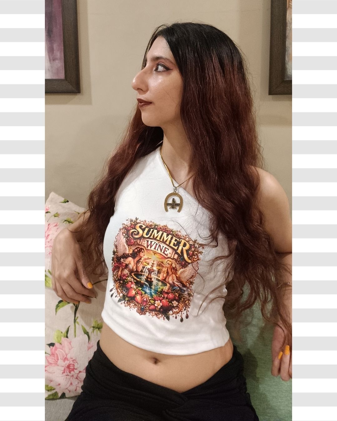 White One Shoulder Summer Wine Print Graphic Typography Rib Knit Crop Top