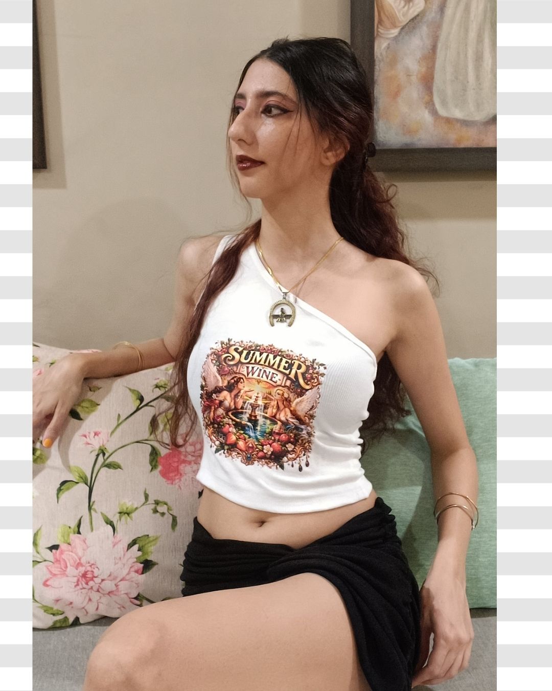 White One Shoulder Summer Wine Print Graphic Typography Rib Knit Crop Top