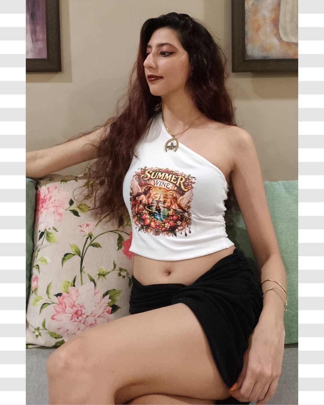 White One Shoulder Summer Wine Print Graphic Typography Rib Knit Crop Top