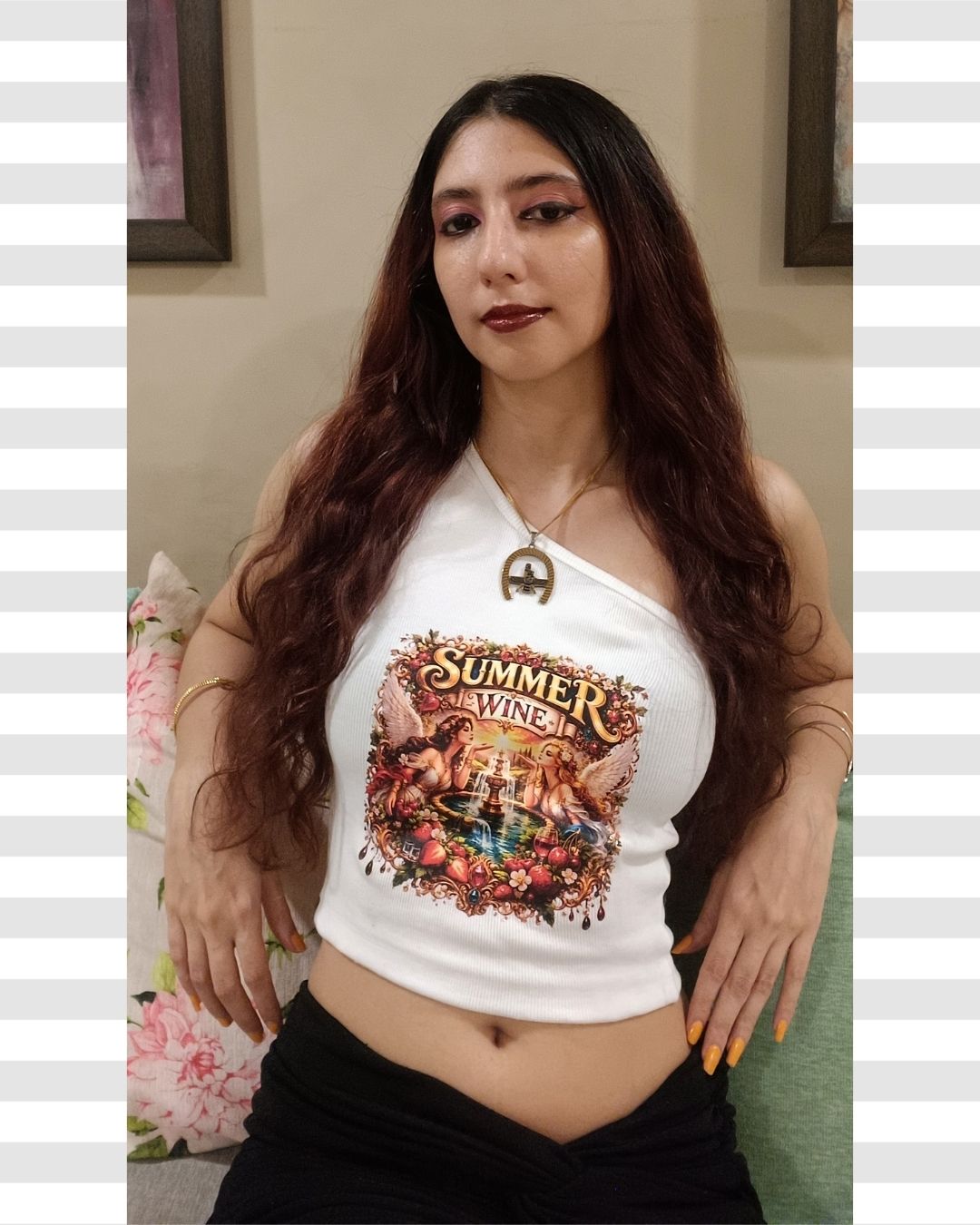 White One Shoulder Summer Wine Print Graphic Typography Rib Knit Crop Top