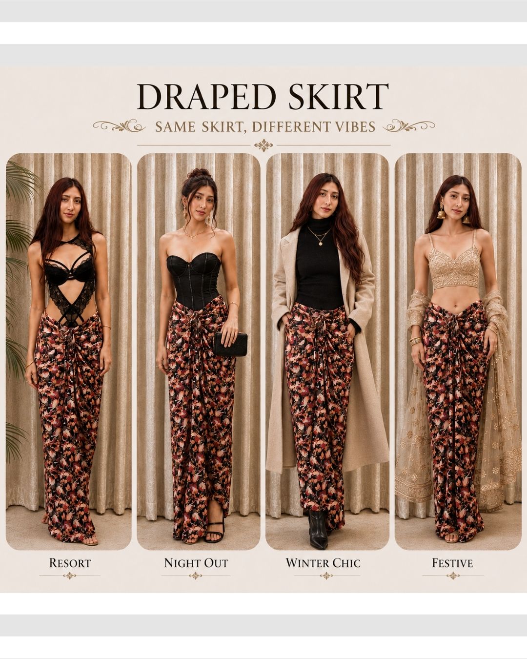 Floral Front Draped Drawstring Skirt with Slit